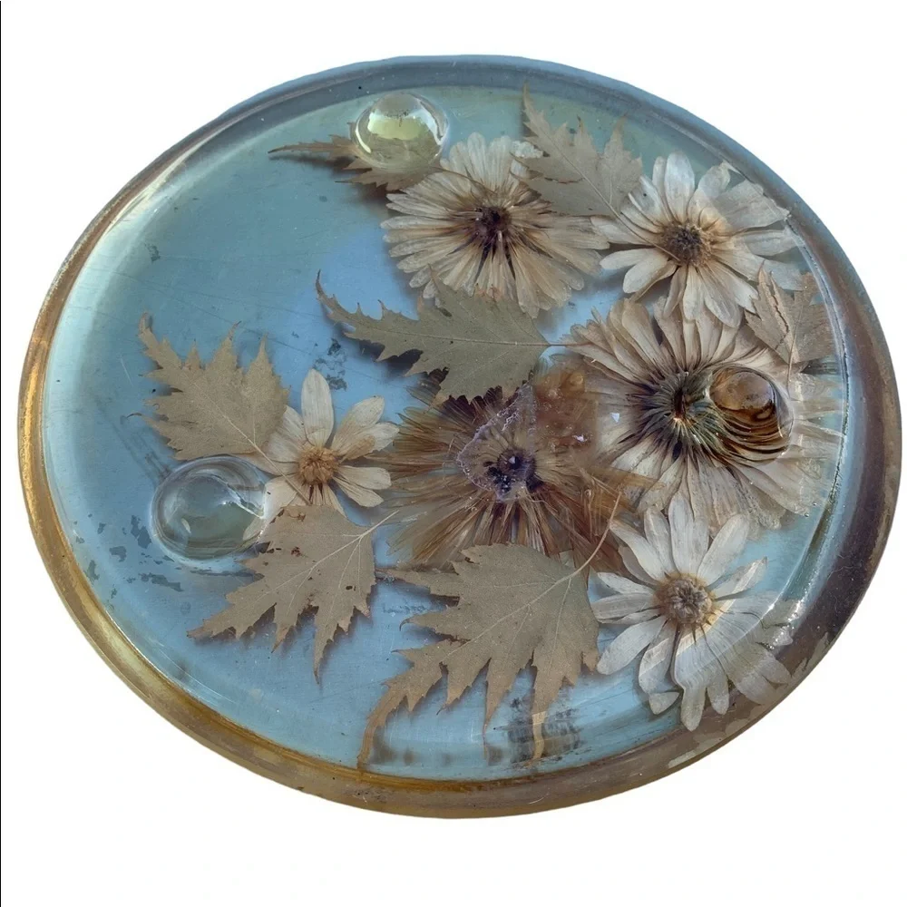 Vintage  Acrylic Lucite Dried Flowers Trivet Hot Pad